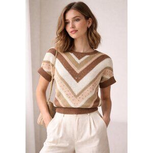 Vintage 1980s Needleworks Womens Sweater Sz Medium Tan Cotton Chevron Stripe